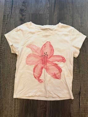 White Tee with Pink Watercolor Flower